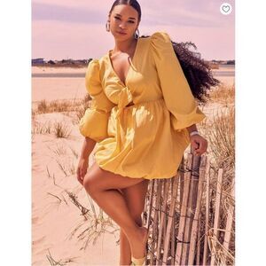 Eloquii yellow 100% cotton Bubble‎ Hem Puff Sleeve Dress,18